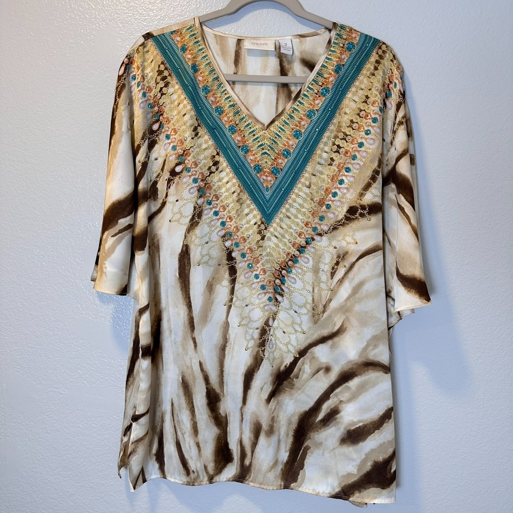Chico's Size-2 US(L) Animal Print Geometric Embellished Shimmer Tunic Blouse‎